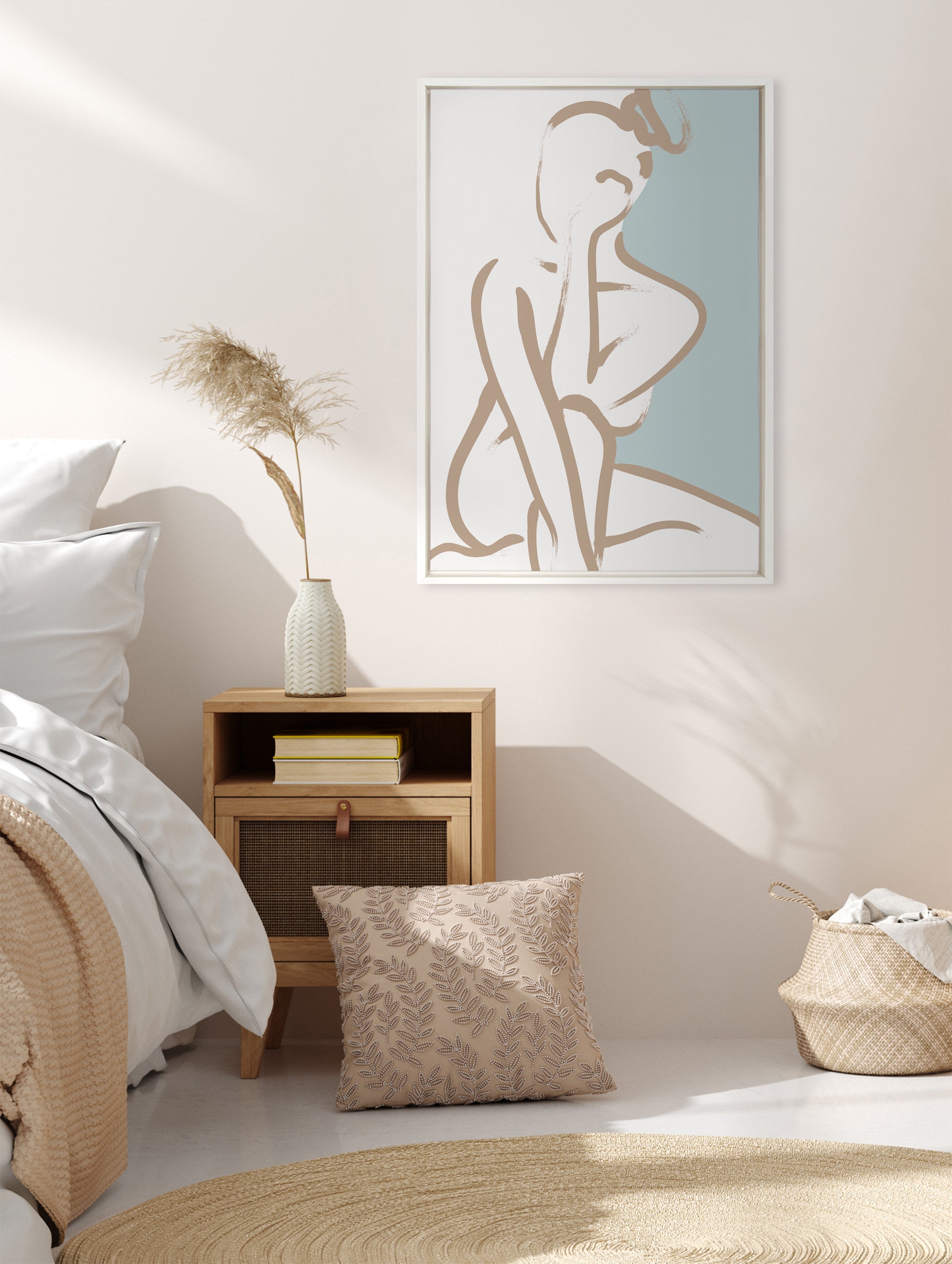 Sylvie Simple Romantic Line Art Drawing 1 Tan and Teal Framed Canvas by The Creative Bunch Studio