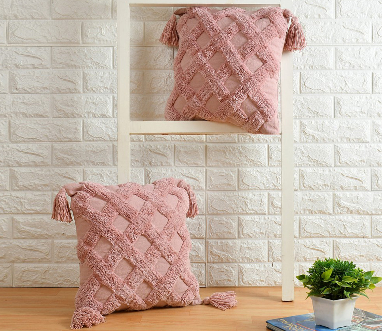 Pink Cushion Cover with Tassels | 40x40cm | Tufted Cotton | Boho Style-0
