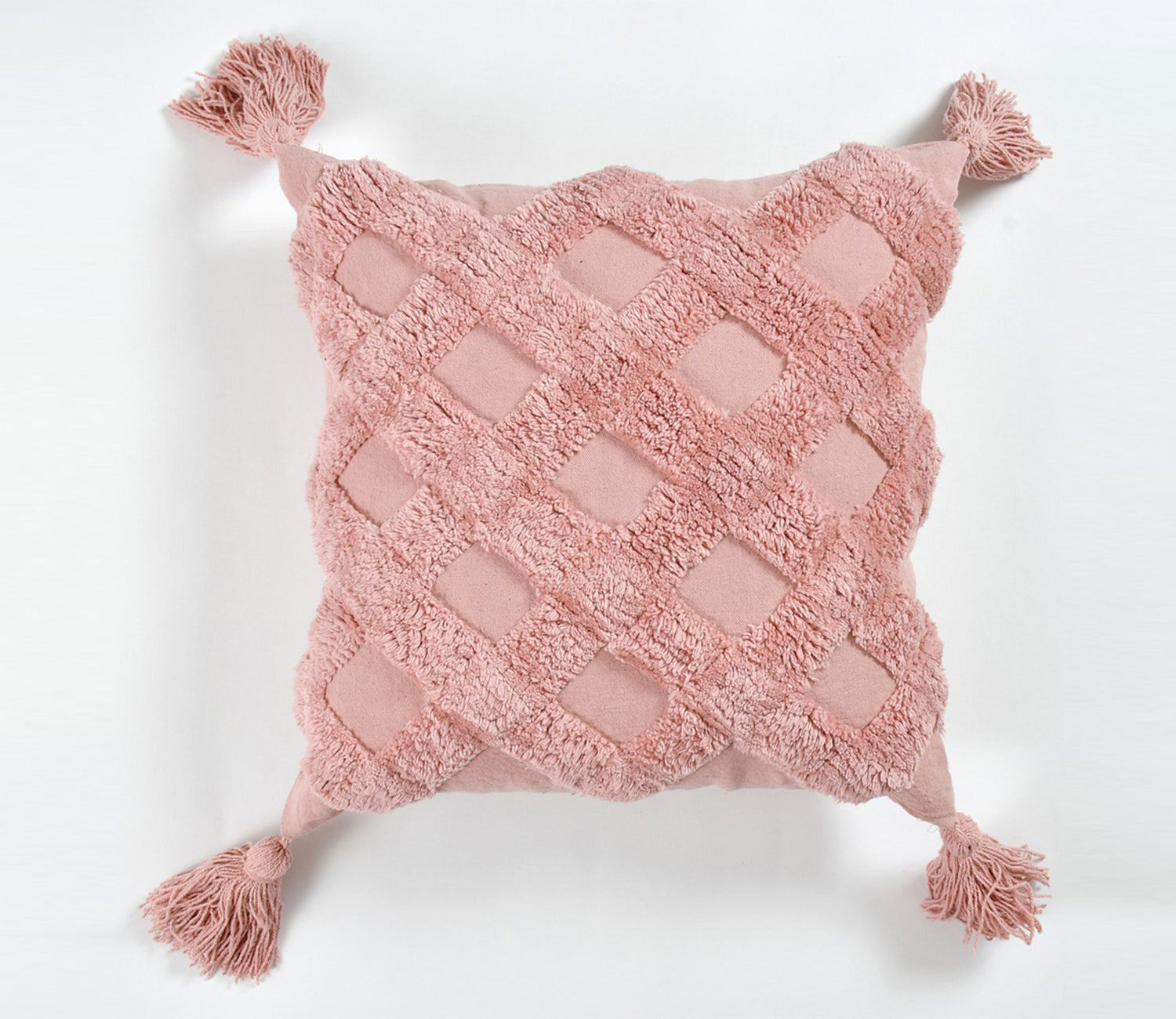 Pink Cushion Cover with Tassels | 40x40cm | Tufted Cotton | Boho Style-1