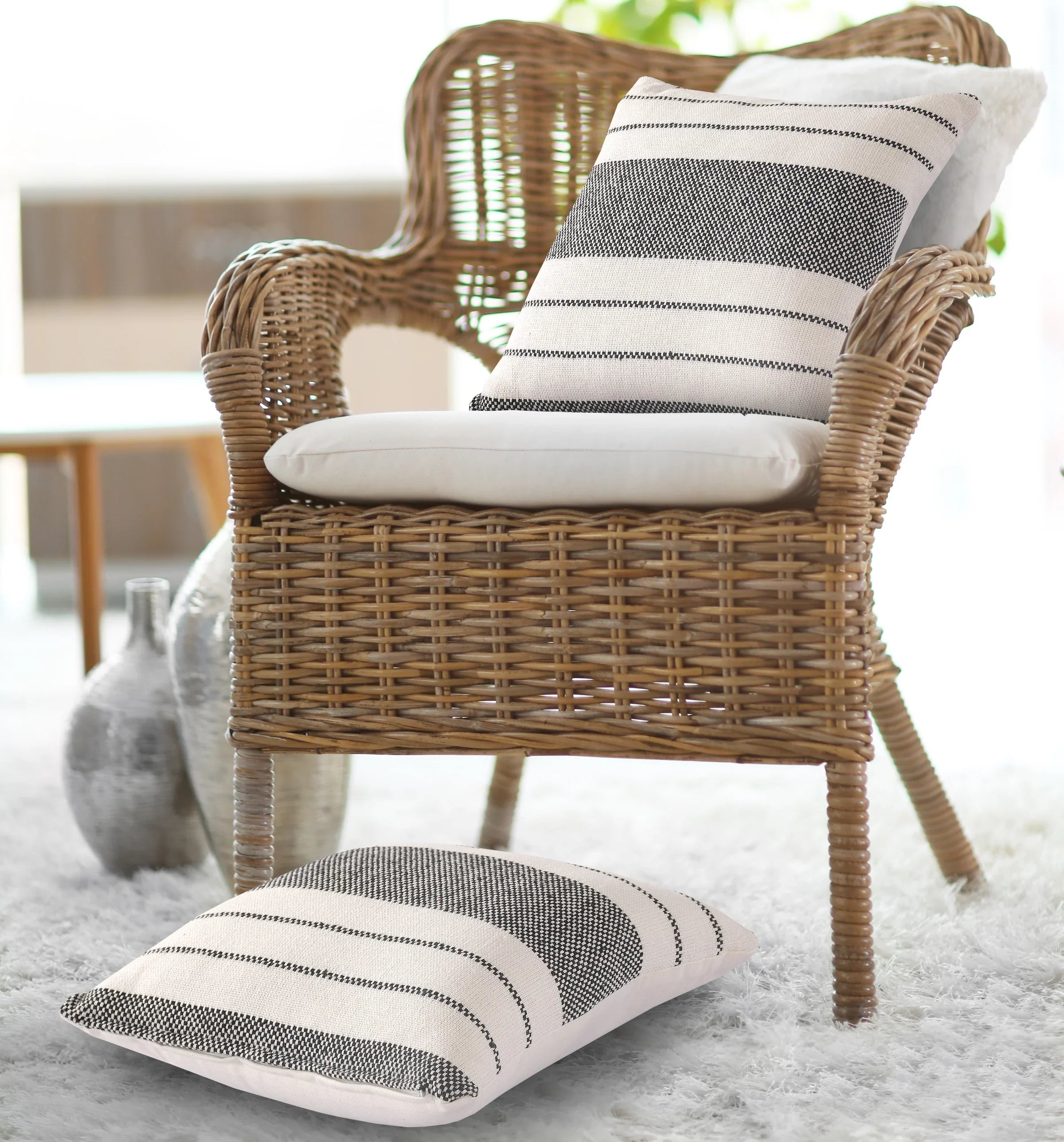 Cream & Black Striped Cushion Cover | 40x40cm | Handmade Cotton | Textured Weave-4