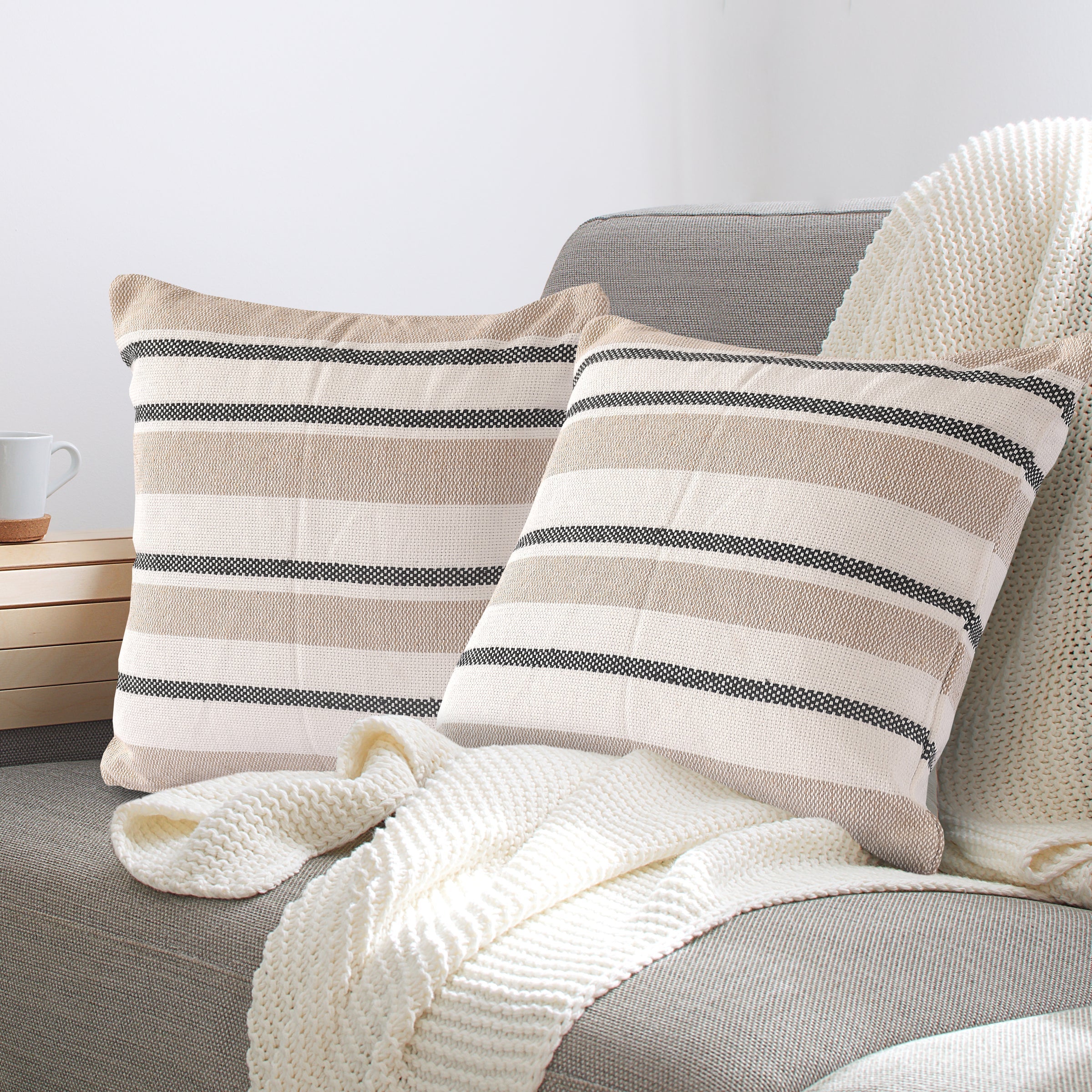 Beige Striped Cushion Cover | 45x45cm | Hand Stitched Cotton | Modern Home Decor-4