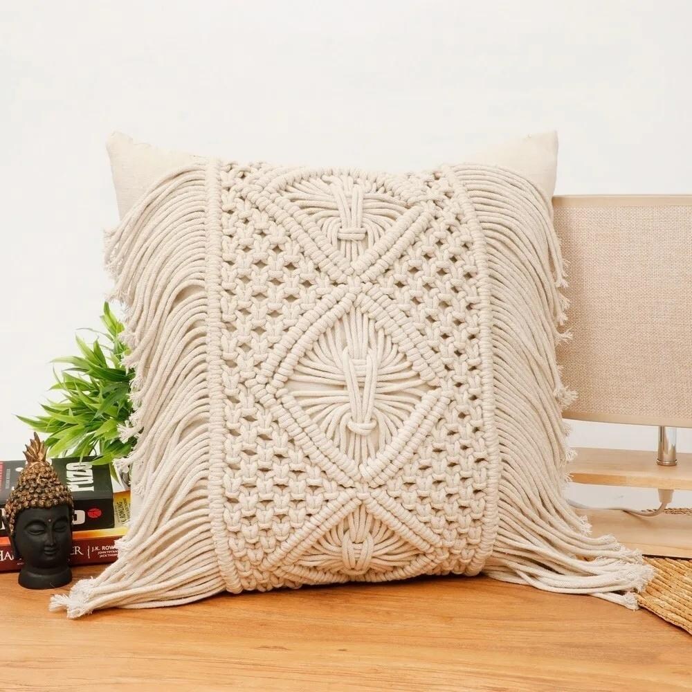 Bohemian Macrame Cushion Cover 40x40cm | Natural Cotton | Handmade-0