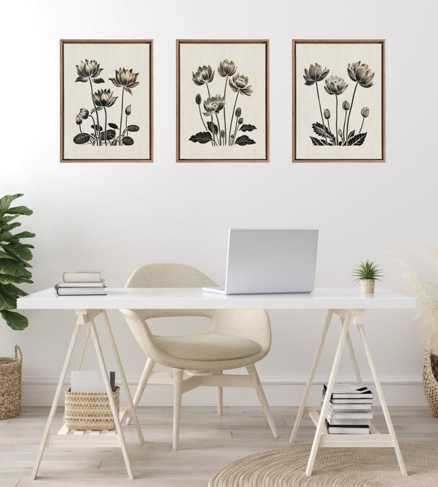 Sylvie Simple Modern Linocut Neutral Lotus Flowers Framed Canvas Art Set by The Creative Bunch Studio