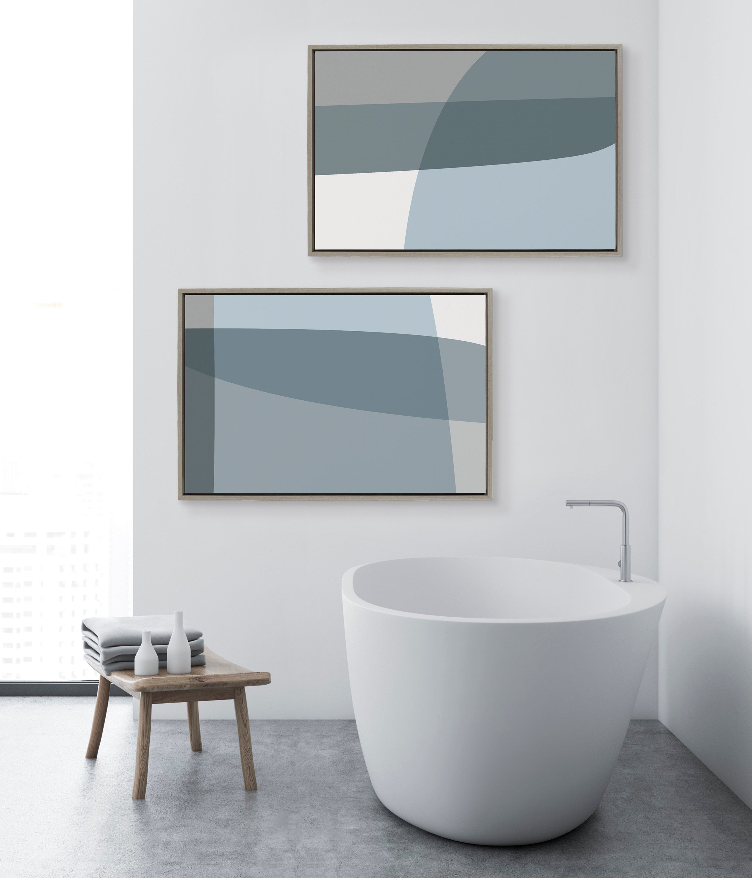 Sylvie Zen Abstract Blue and Gray Stones No 1 and No 2 Framed Canvas by The Creative Bunch Studio