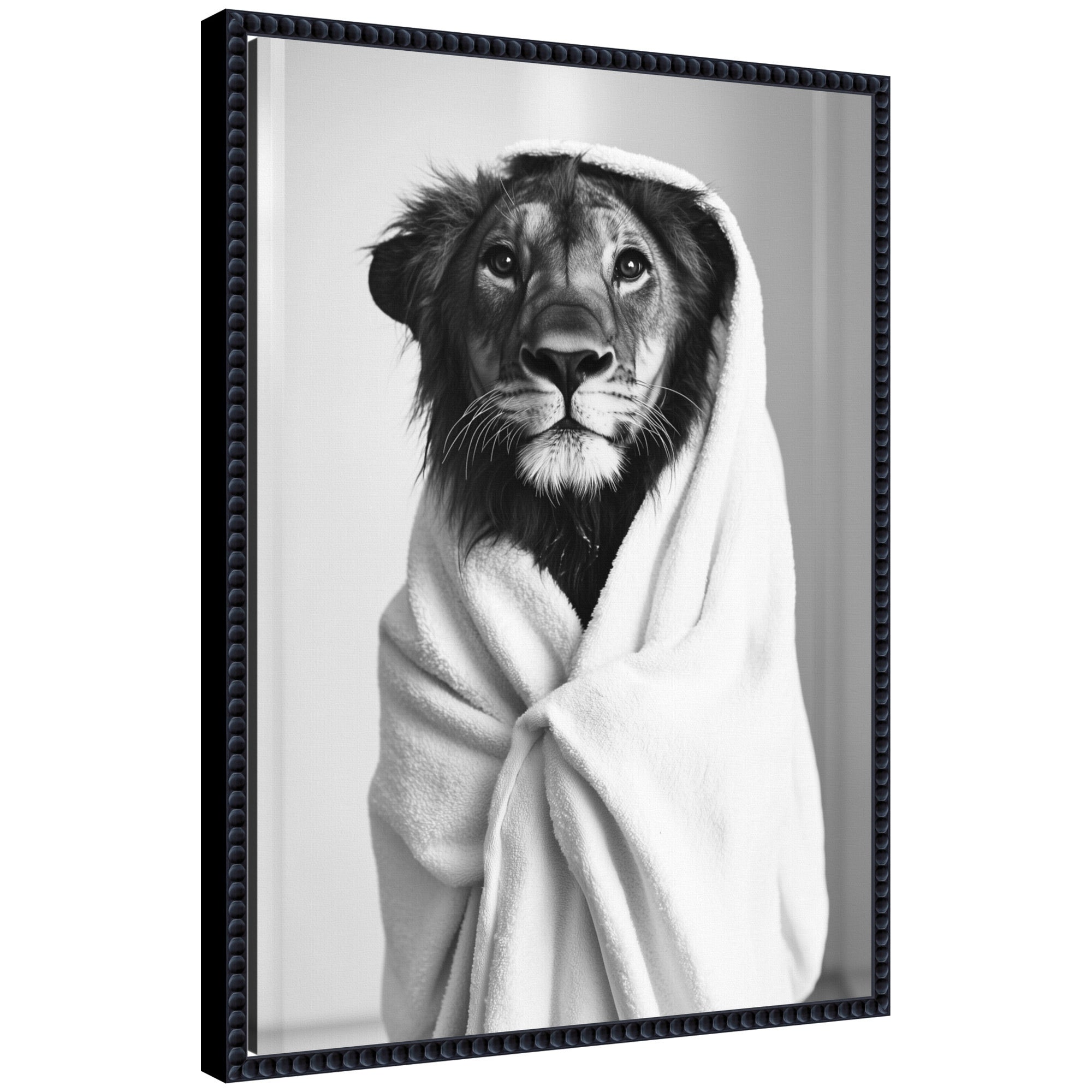 Sylvie Lioness Bathroom Art Towel Robe Black and White Framed Canvas by The Creative Bunch Studio