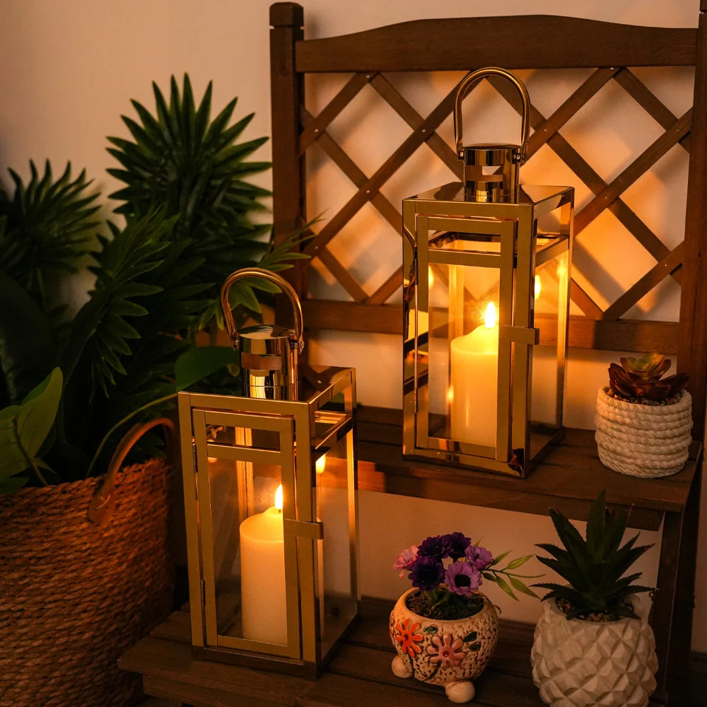12'' High Metal Candle Holder Outdoor Candle Lantern with Tempered Panels-3