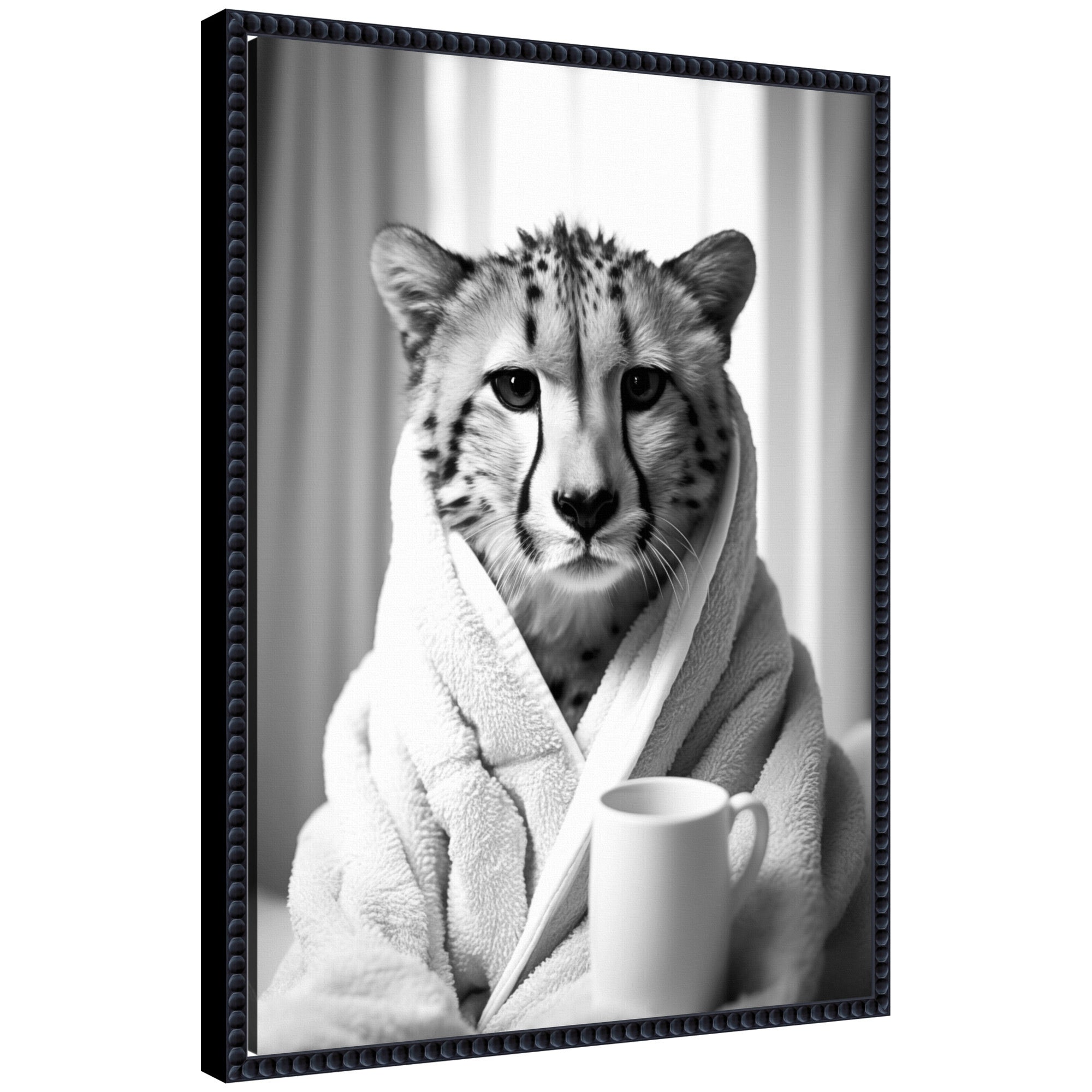 Sylvie Cheetah Bathroom Art Towel Robe Black and White Framed Canvas by The Creative Bunch Studio