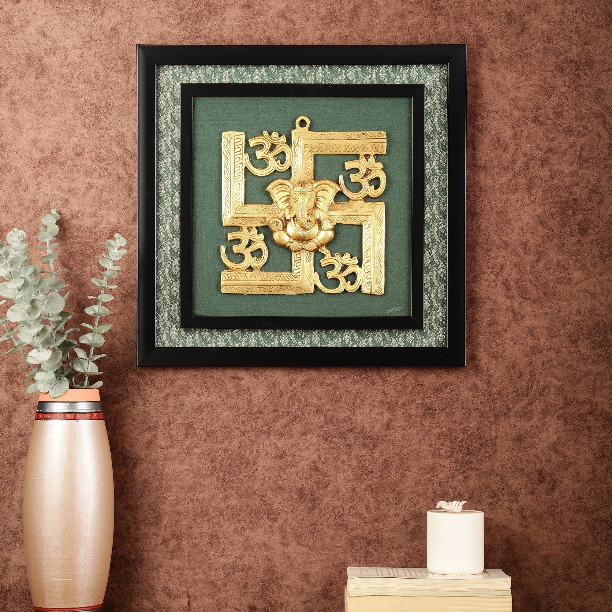 Pure Brass Swastik Ganesha Hanging on Wooden Frame with Premium Fabric - 16" x 16"-0