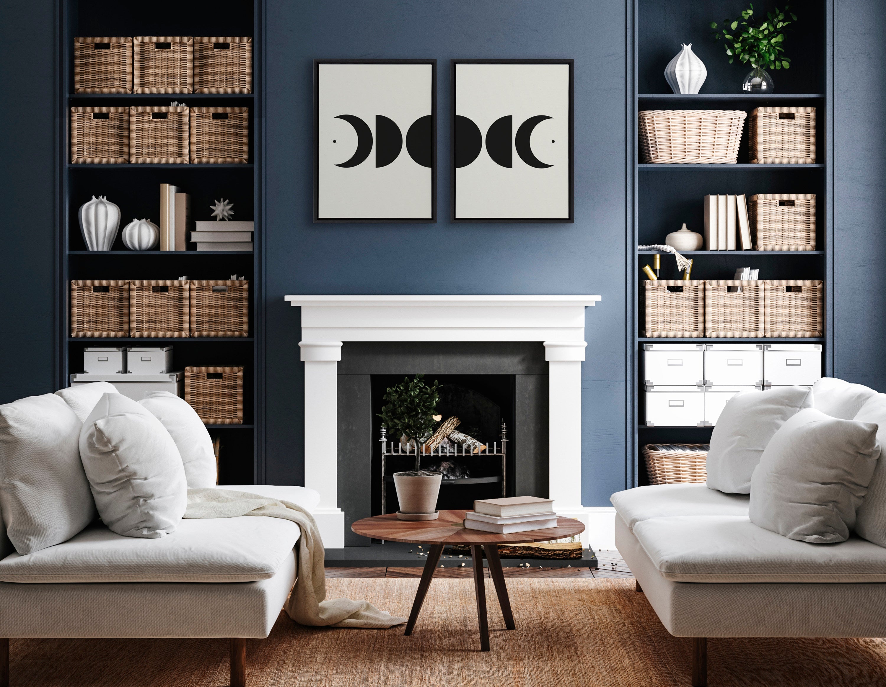 Sylvie Modern Geometric Moon Phases Framed Canvas Set by The Creative Bunch Studio