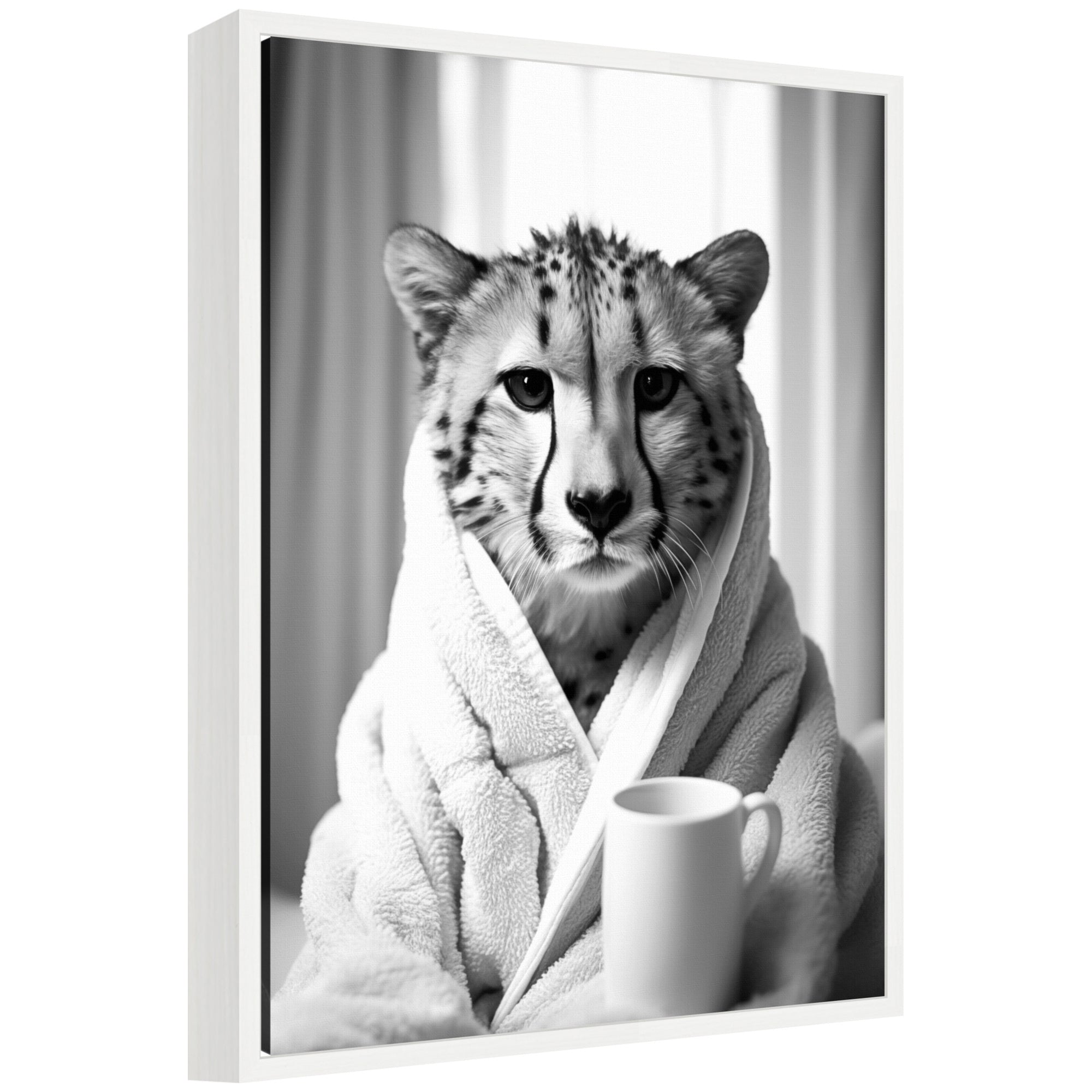 Sylvie Cheetah Bathroom Art Towel Robe Black and White Framed Canvas by The Creative Bunch Studio