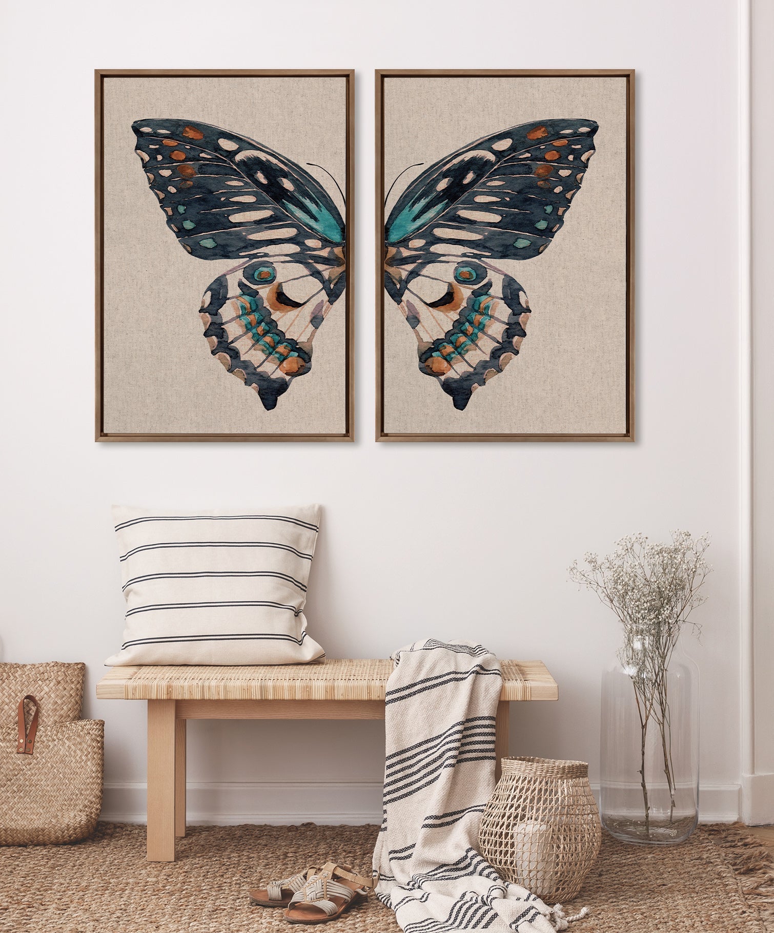 Sylvie Boho Butterfly Watercolor Diptych Neutral Linen Framed Canvas Art Set by The Creative Bunch Studio