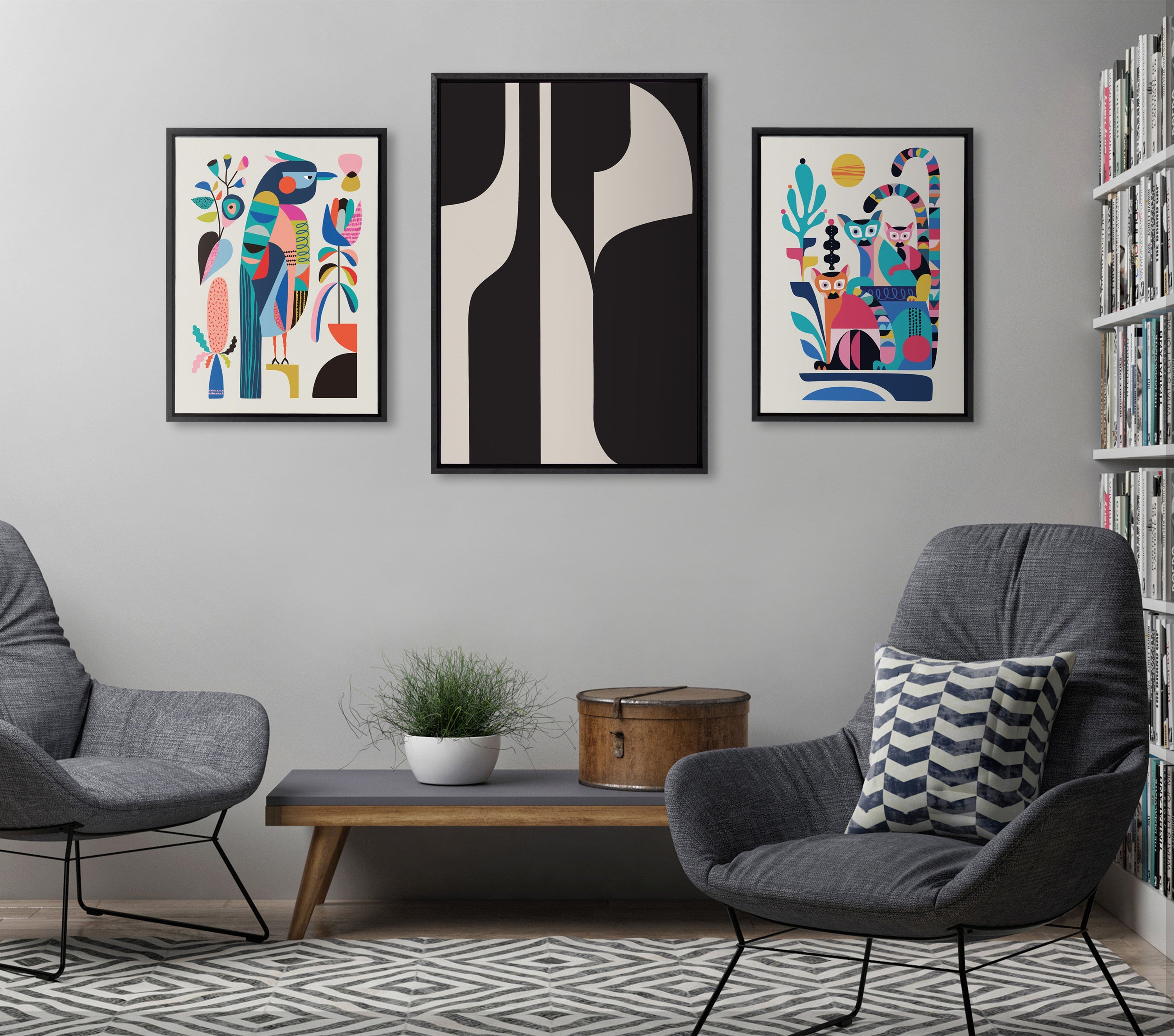 Sylvie Eye Catching Sleek Abstract 6 Black and Beige Framed Canvas by The Creative Bunch Studio