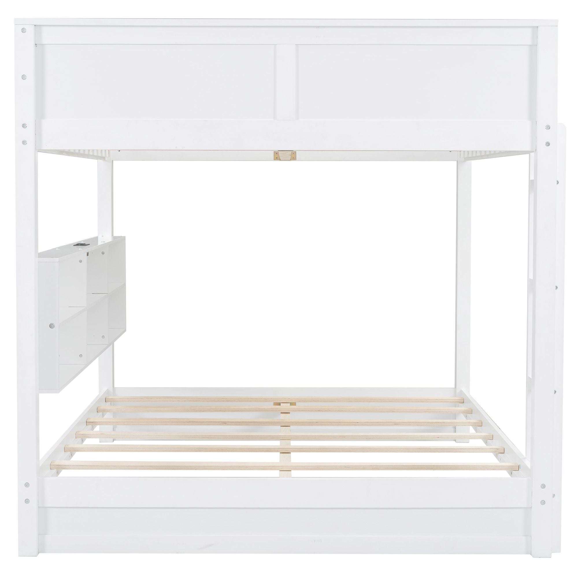 Queen Over Queen Wood Bunk Bed with Storage Cabinets and USB Ports, White | Just Better Bunk Beds