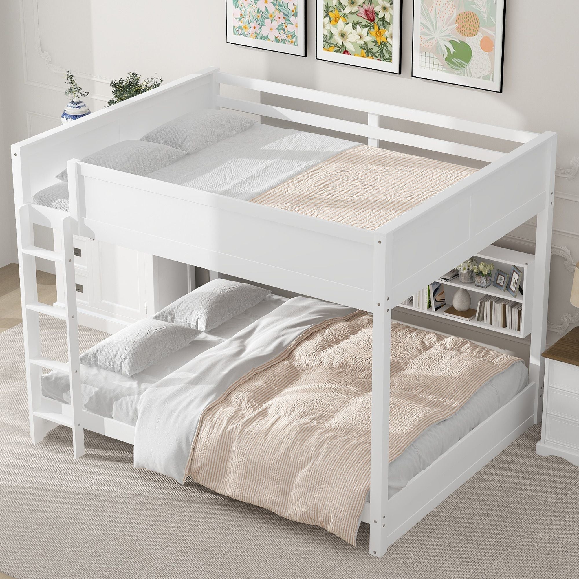 Queen Over Queen Wood Bunk Bed with Storage Cabinets and USB Ports, White | Just Better Bunk Beds