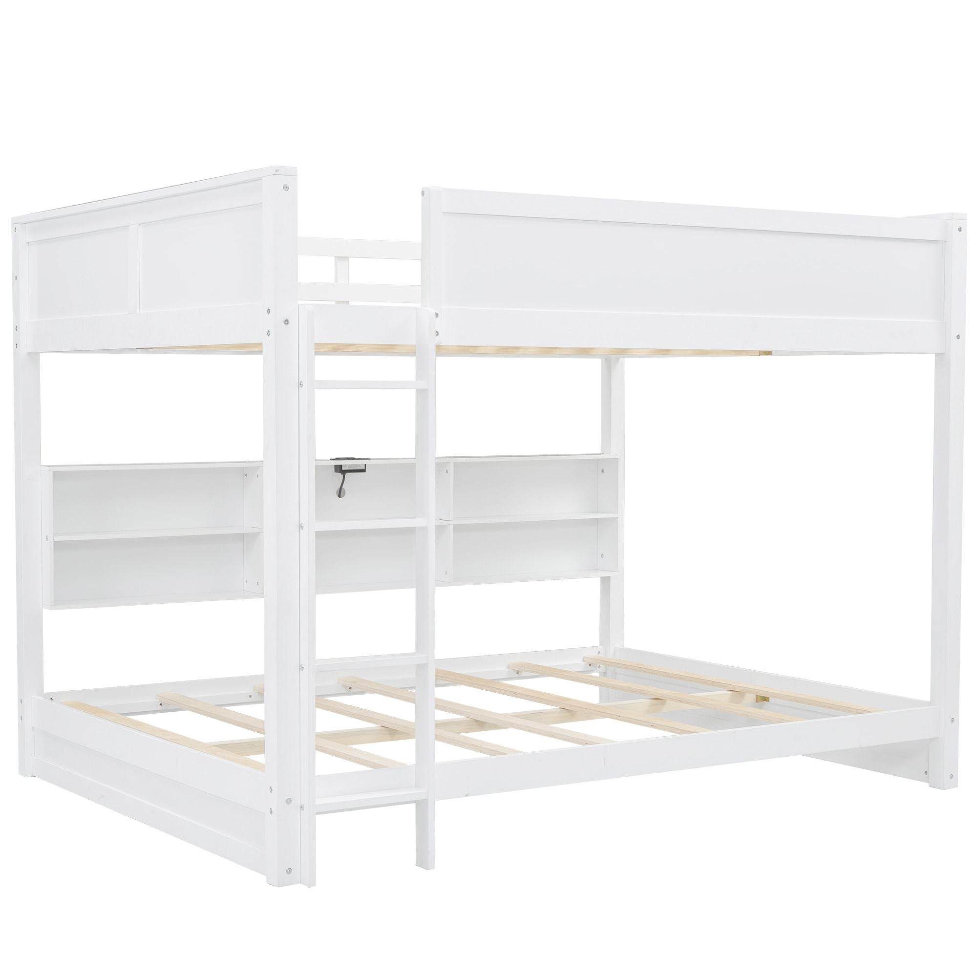 Queen Over Queen Wood Bunk Bed with Storage Cabinets and USB Ports, White | Just Better Bunk Beds