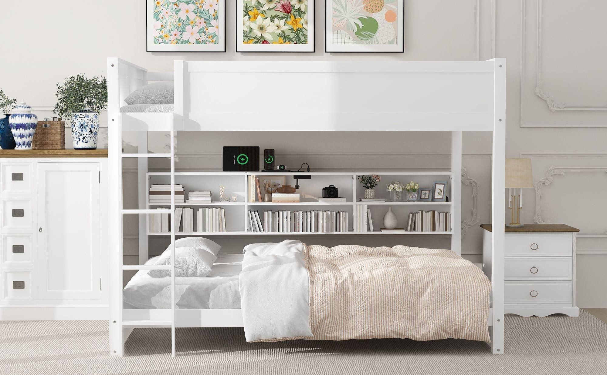 Queen Over Queen Wood Bunk Bed with Storage Cabinets and USB Ports, White | Just Better Bunk Beds