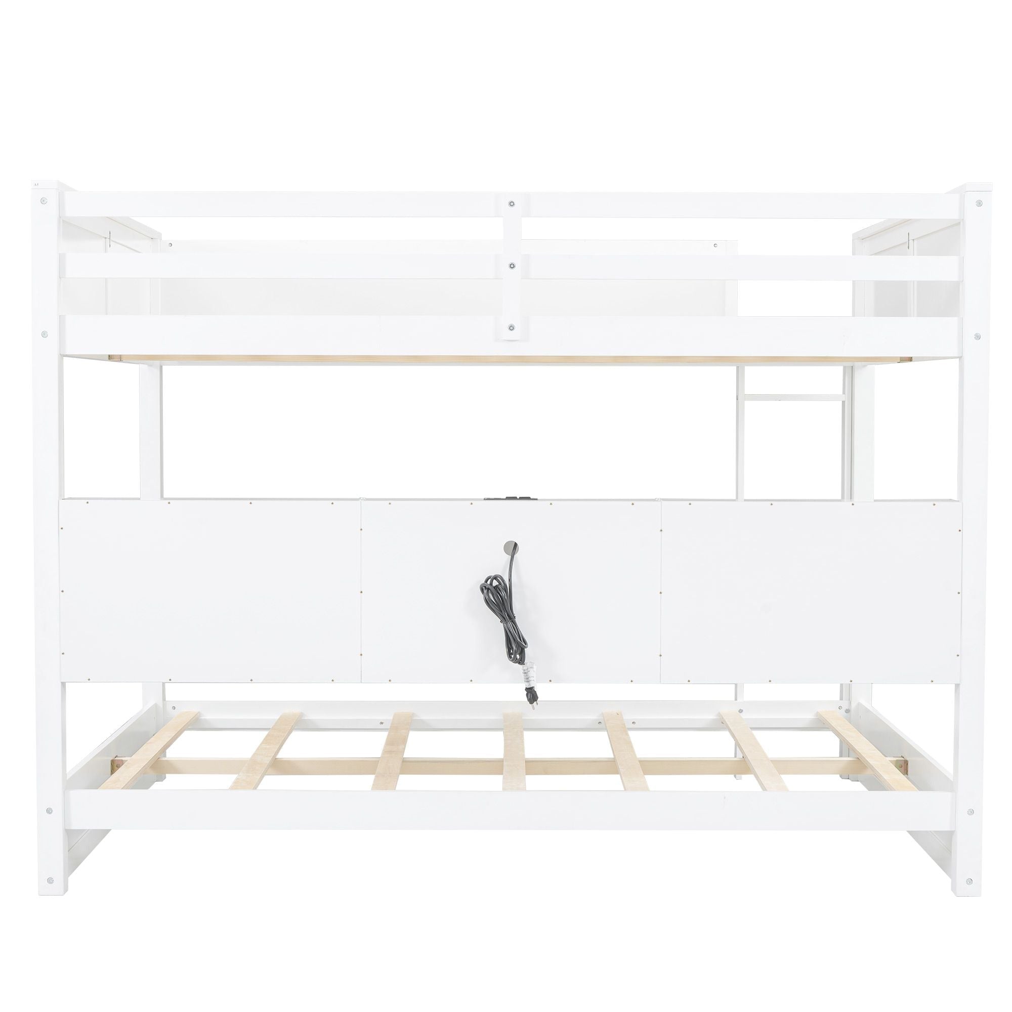 Queen Over Queen Wood Bunk Bed with Storage Cabinets and USB Ports, White | Just Better Bunk Beds