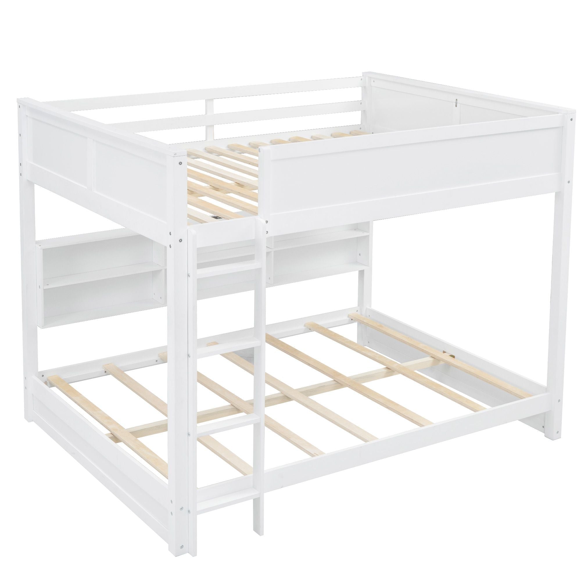 Queen Over Queen Wood Bunk Bed with Storage Cabinets and USB Ports, White | Just Better Bunk Beds