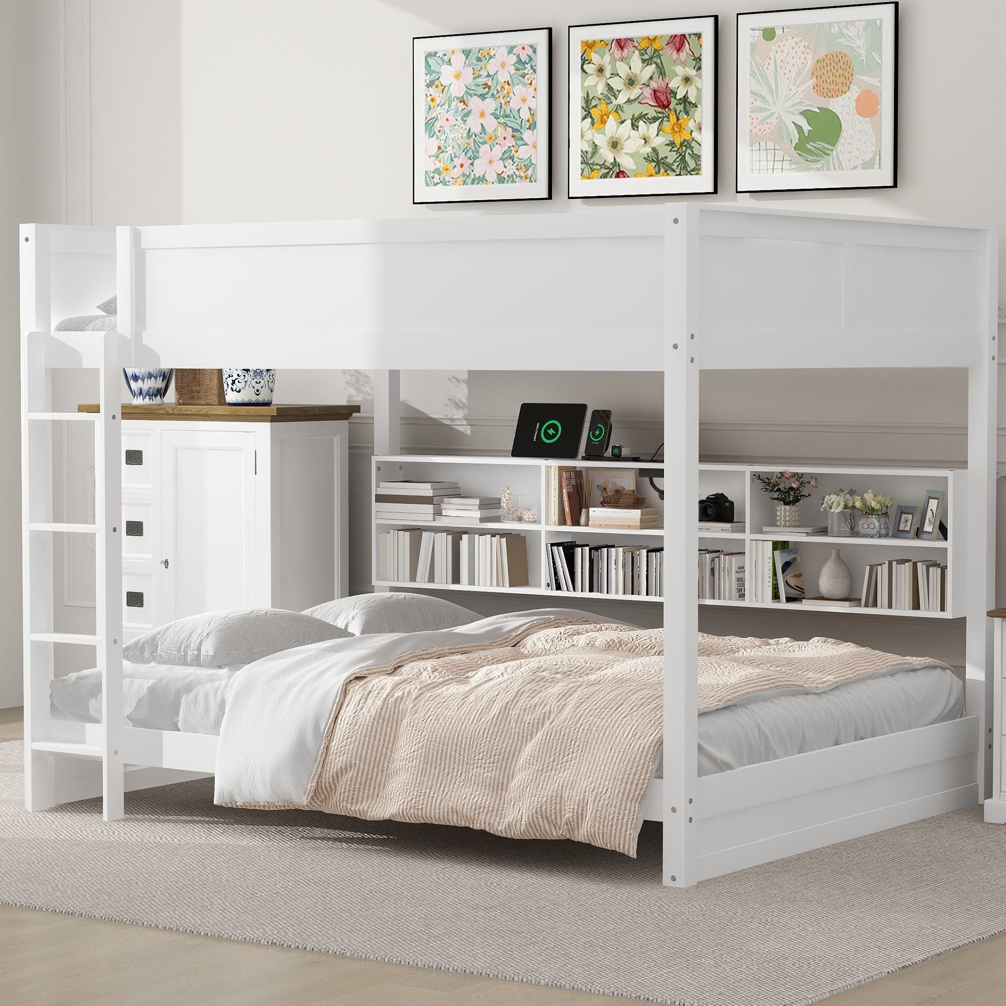 Queen Over Queen Wood Bunk Bed with Storage Cabinets and USB Ports, White | Just Better Bunk Beds