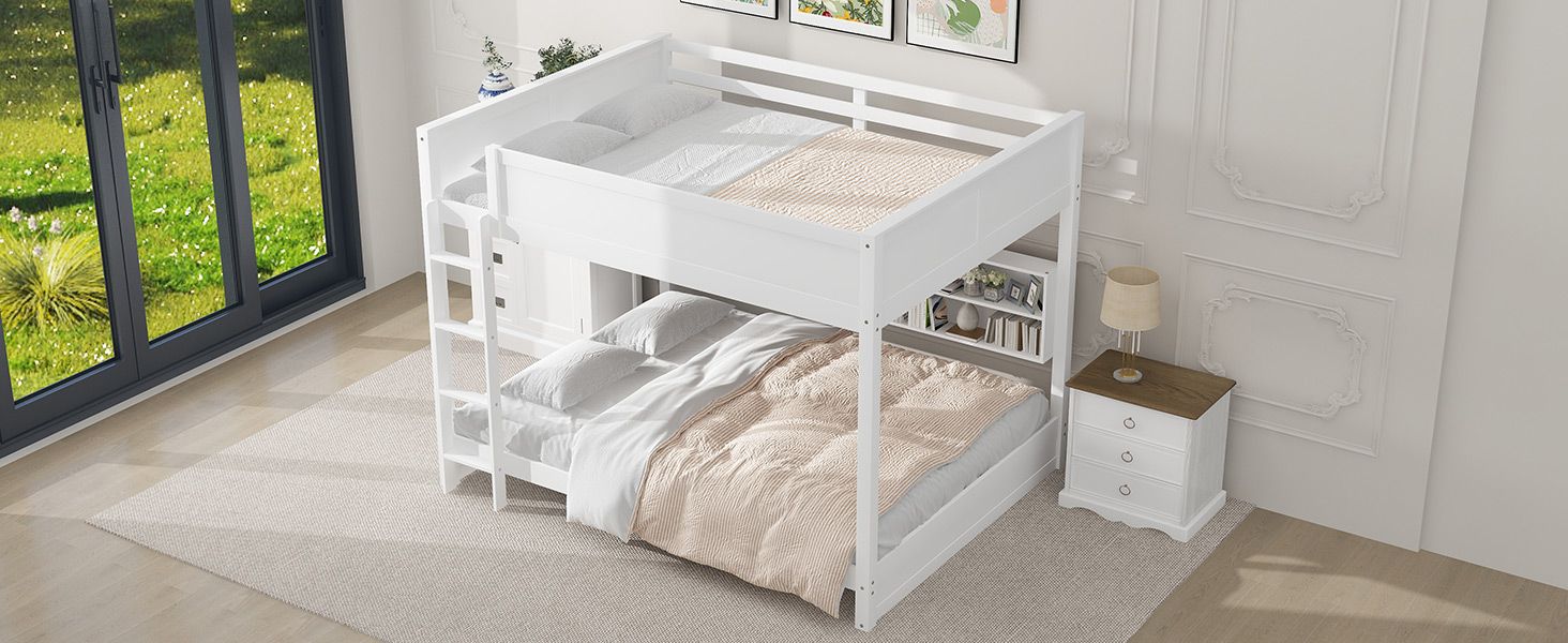 Queen Over Queen Wood Bunk Bed with Storage Cabinets and USB Ports, White | Just Better Bunk Beds