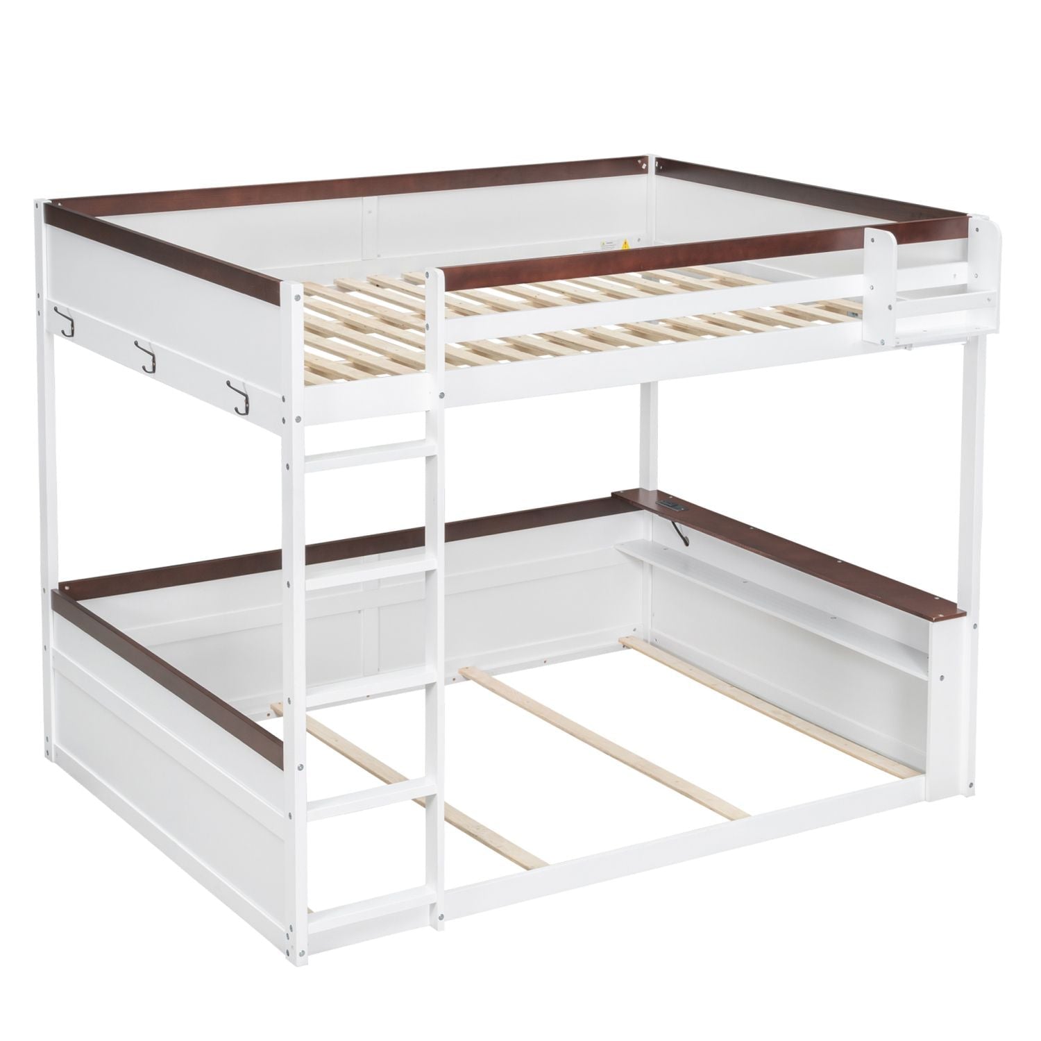 Queen Over Queen Wooden Bunk Bed with Built-in Shelves, Storage Box, LED Light, and USB Charging Station White | Just Better Bunk Beds