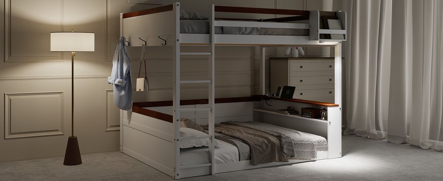 Queen Over Queen Wooden Bunk Bed with Built-in Shelves, Storage Box, LED Light, and USB Charging Station White | Just Better Bunk Beds