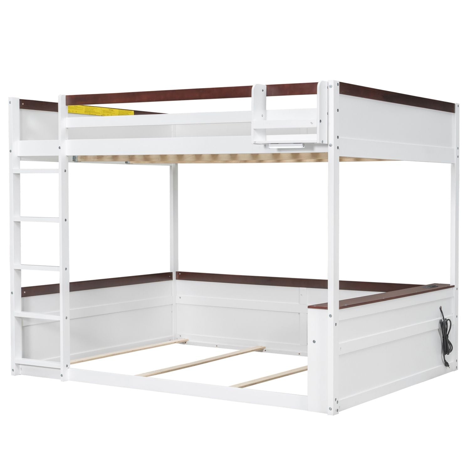 Queen Over Queen Wooden Bunk Bed with Built-in Shelves, Storage Box, LED Light, and USB Charging Station White | Just Better Bunk Beds