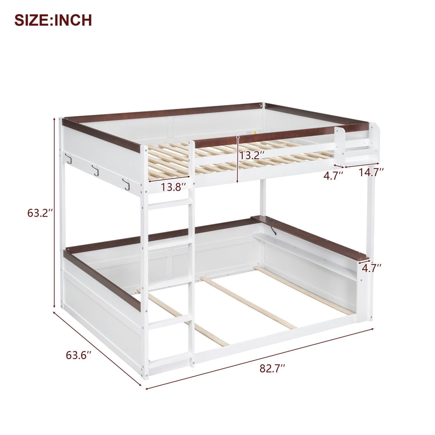 Queen Over Queen Wooden Bunk Bed with Built-in Shelves, Storage Box, LED Light, and USB Charging Station White | Just Better Bunk Beds