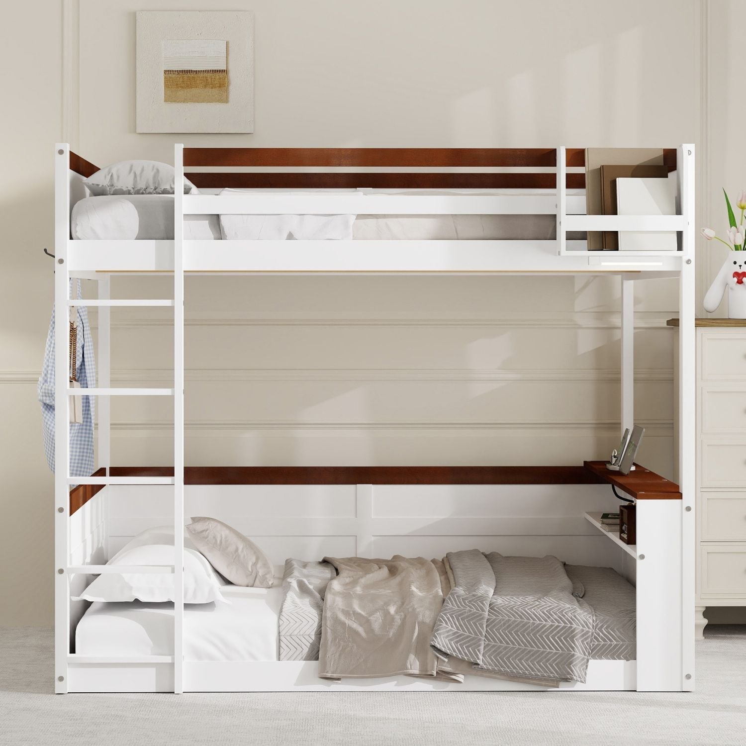 Queen Over Queen Wooden Bunk Bed with Built-in Shelves, Storage Box, LED Light, and USB Charging Station White | Just Better Bunk Beds