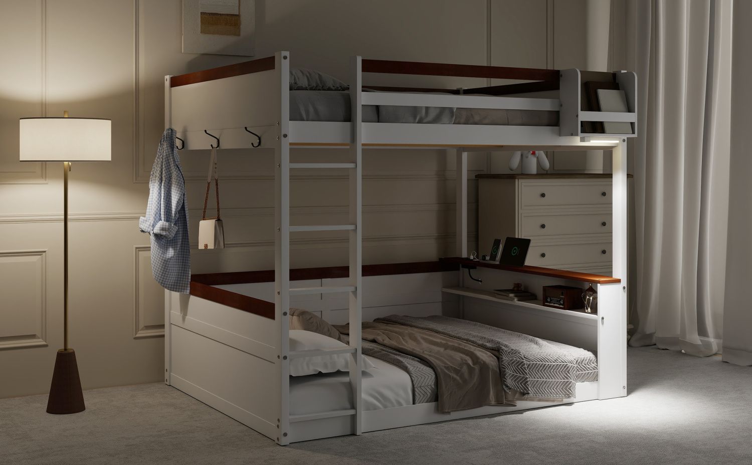 Queen Over Queen Wooden Bunk Bed with Built-in Shelves, Storage Box, LED Light, and USB Charging Station White | Just Better Bunk Beds