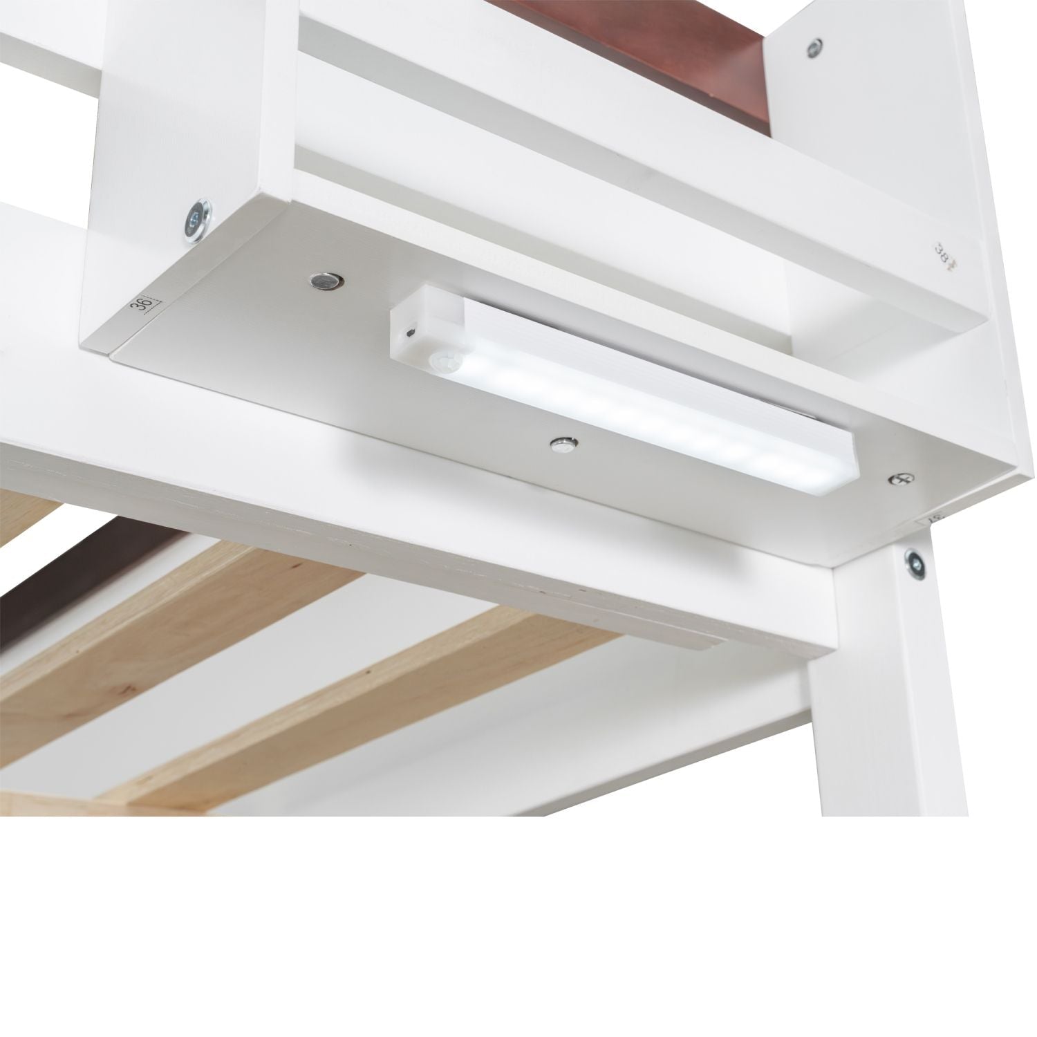 Queen Over Queen Wooden Bunk Bed with Built-in Shelves, Storage Box, LED Light, and USB Charging Station White | Just Better Bunk Beds