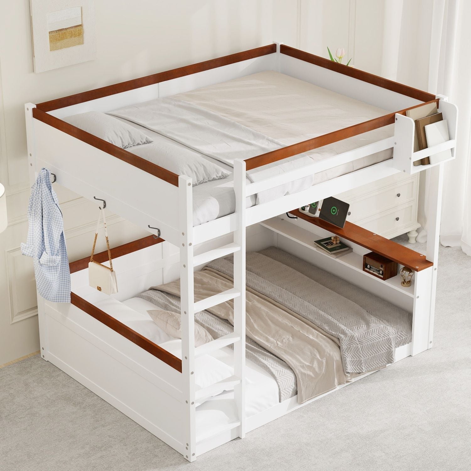 Queen Over Queen Wooden Bunk Bed with Built-in Shelves, Storage Box, LED Light, and USB Charging Station White | Just Better Bunk Beds