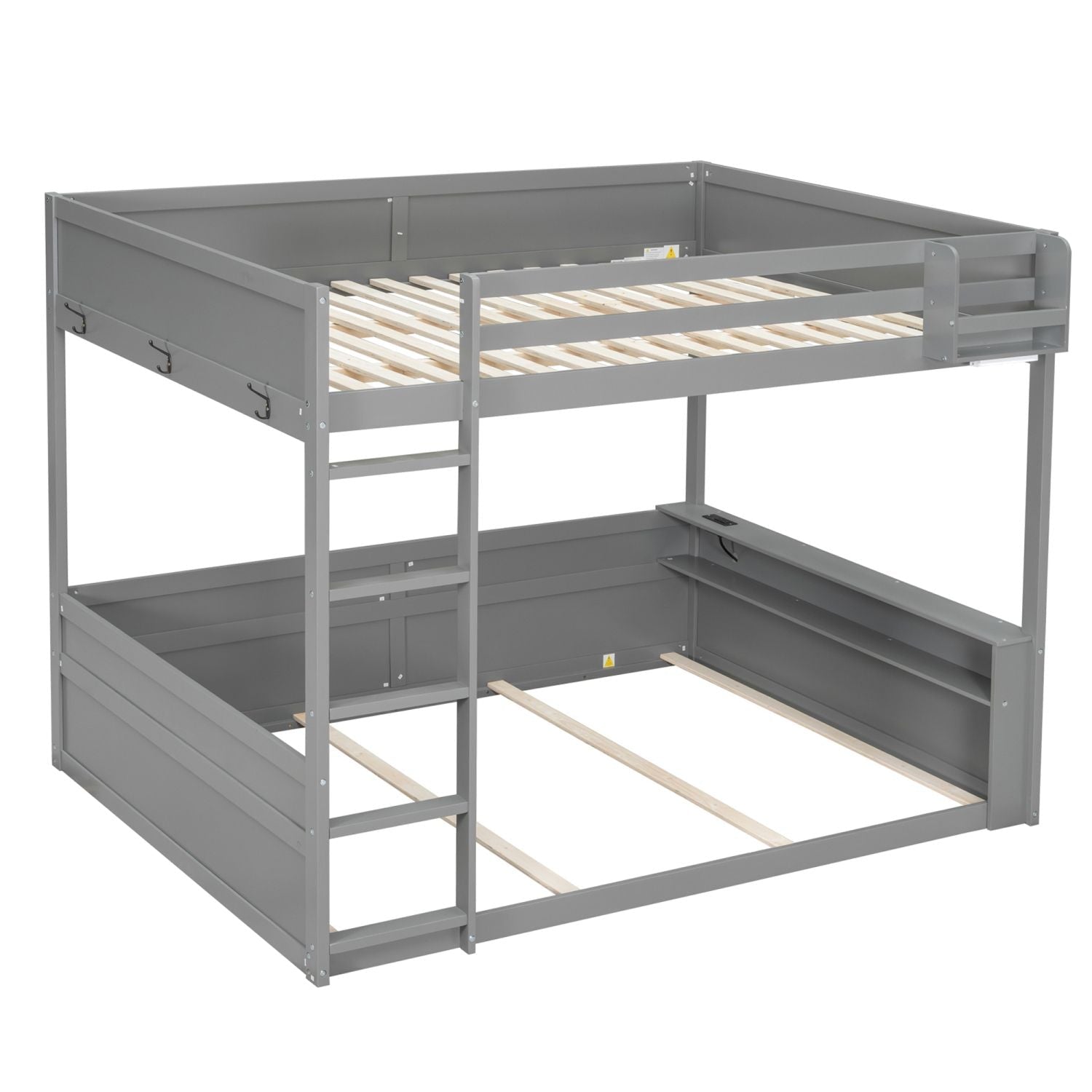 Queen Size Wood Bunk Bed with Built-in Shelves, Storage Box, LED Light, USB Charging, Gray | Just Better Bunk Beds