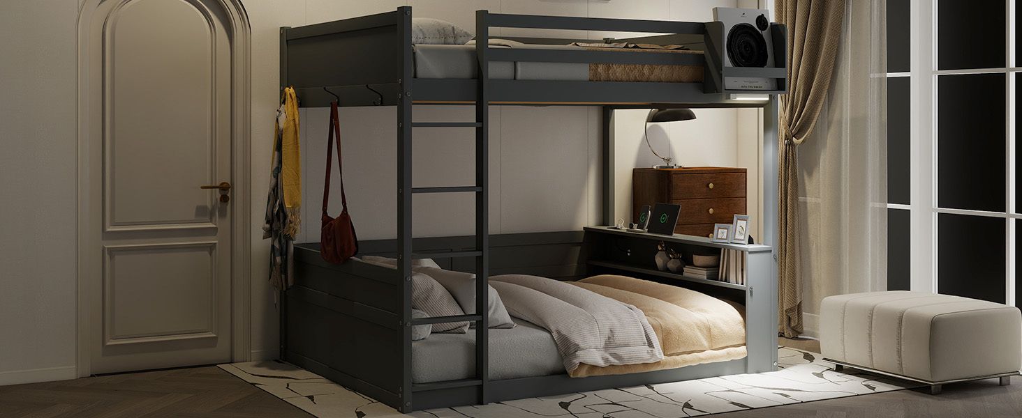 Queen Size Wood Bunk Bed with Built-in Shelves, Storage Box, LED Light, USB Charging, Gray | Just Better Bunk Beds