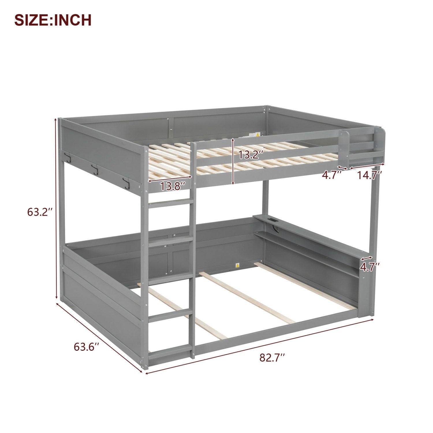 Queen Size Wood Bunk Bed with Built-in Shelves, Storage Box, LED Light, USB Charging, Gray | Just Better Bunk Beds