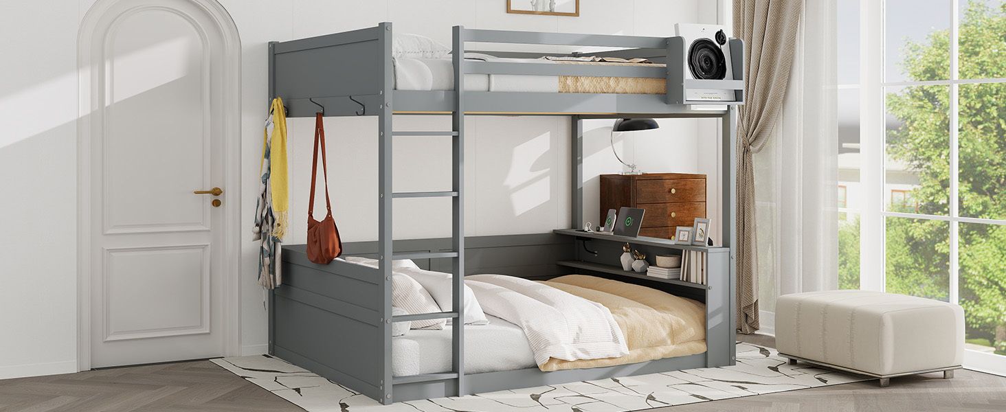 Queen Size Wood Bunk Bed with Built-in Shelves, Storage Box, LED Light, USB Charging, Gray | Just Better Bunk Beds