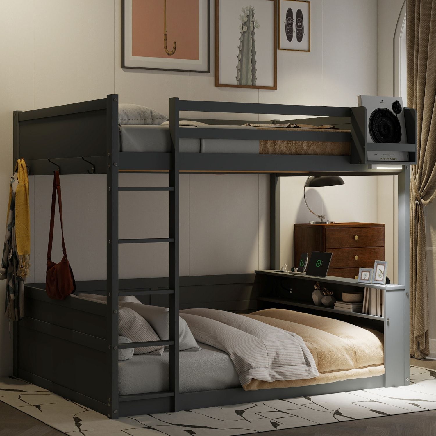 Queen Size Wood Bunk Bed with Built-in Shelves, Storage Box, LED Light, USB Charging, Gray | Just Better Bunk Beds