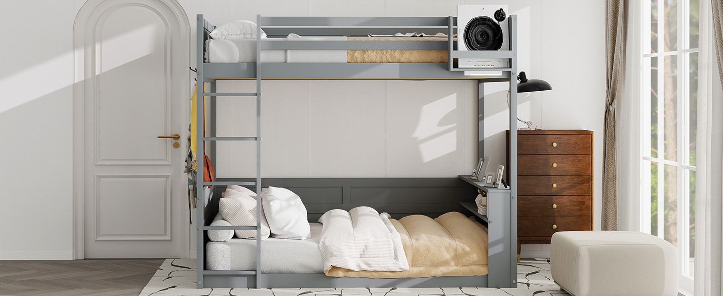 Queen Size Wood Bunk Bed with Built-in Shelves, Storage Box, LED Light, USB Charging, Gray | Just Better Bunk Beds
