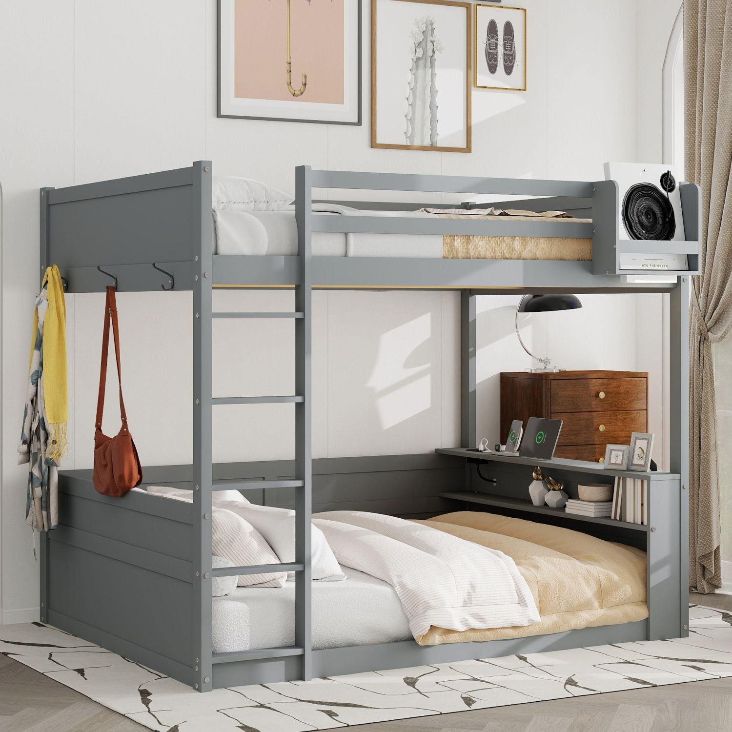 Queen Size Wood Bunk Bed with Built-in Shelves, Storage Box, LED Light, USB Charging, Gray | Just Better Bunk Beds