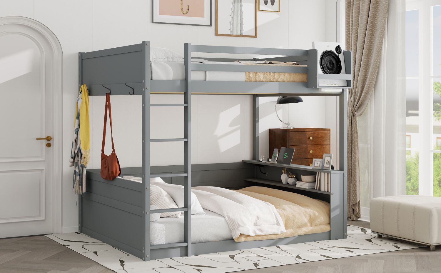 Queen Size Wood Bunk Bed with Built-in Shelves, Storage Box, LED Light, USB Charging, Gray | Just Better Bunk Beds