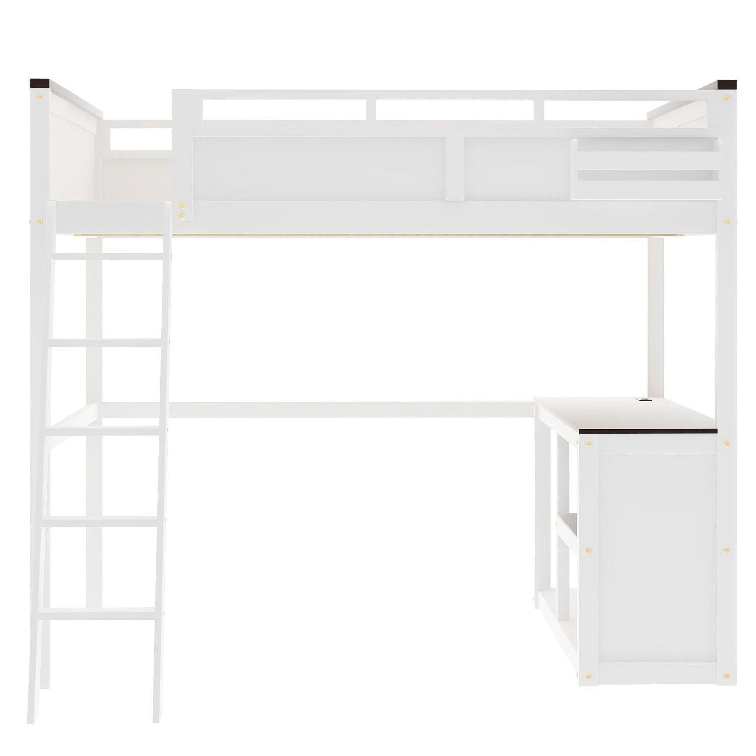 Queen Size Wood Loft Bed with Desk, Storage Box, USB Charging Station, White | Just Better Bunk Beds