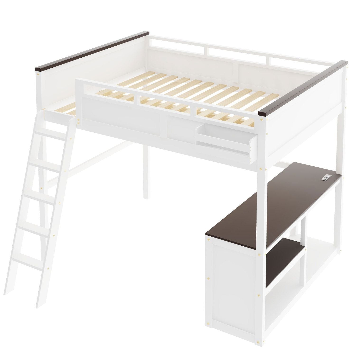 Queen Size Wood Loft Bed with Desk, Storage Box, USB Charging Station, White | Just Better Bunk Beds