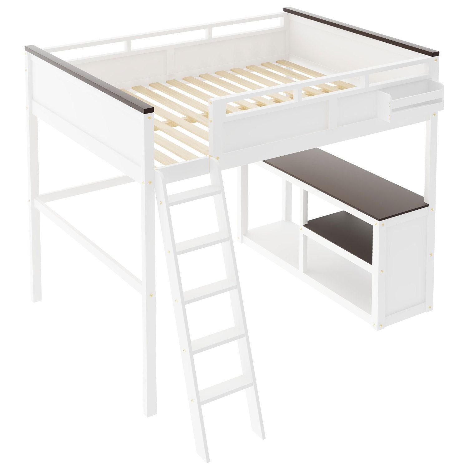 Queen Size Wood Loft Bed with Desk, Storage Box, USB Charging Station, White | Just Better Bunk Beds