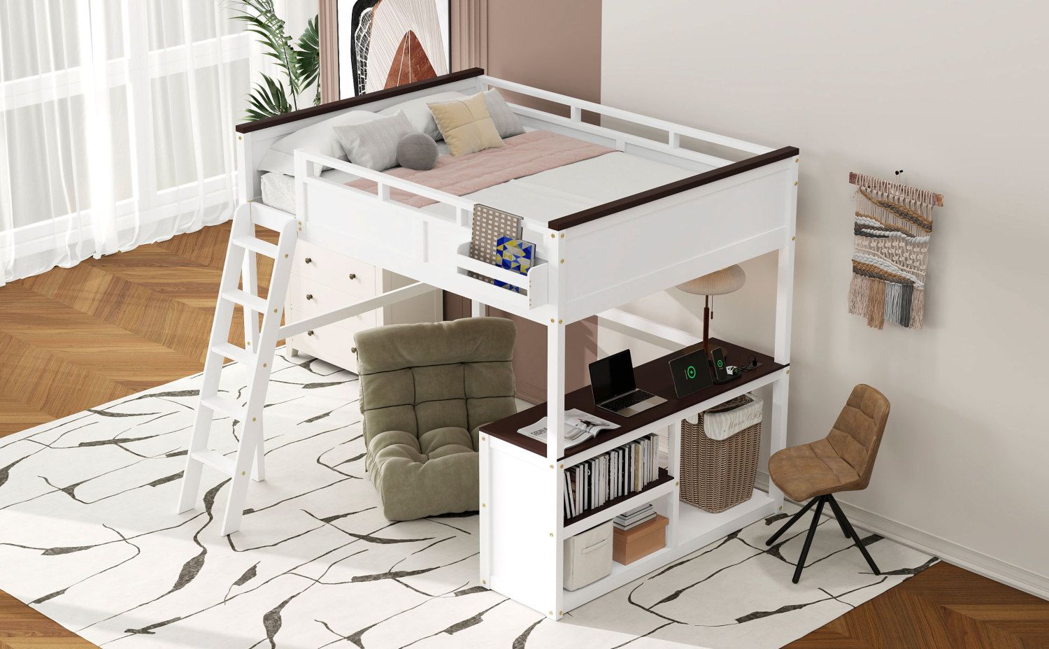 Queen Size Wood Loft Bed with Desk, Storage Box, USB Charging Station, White | Just Better Bunk Beds