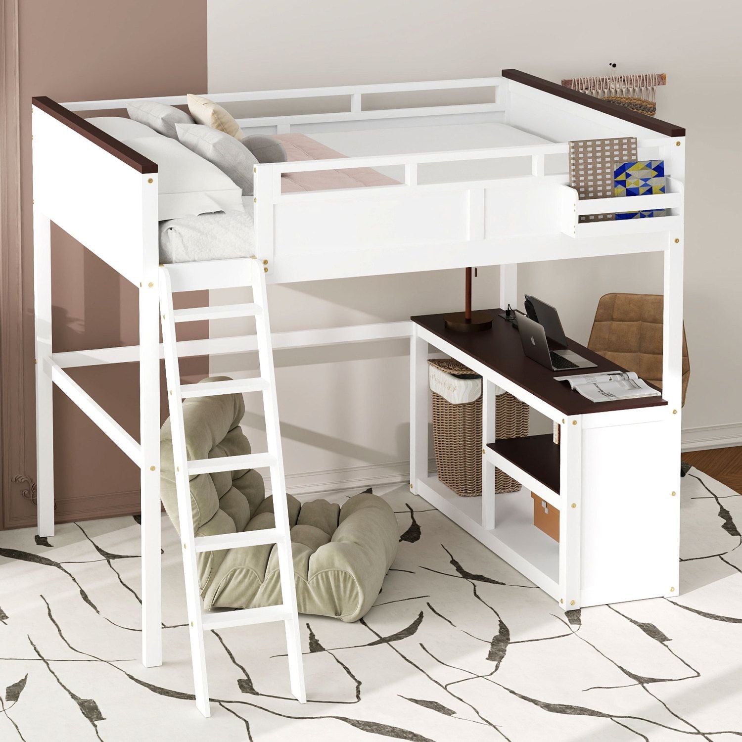 Queen Size Wood Loft Bed with Desk, Storage Box, USB Charging Station, White | Just Better Bunk Beds