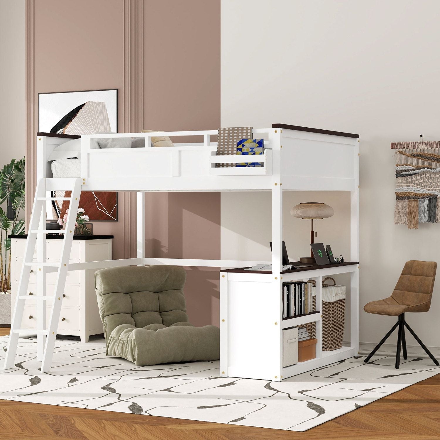 Queen Size Wood Loft Bed with Desk, Storage Box, USB Charging Station, White | Just Better Bunk Beds