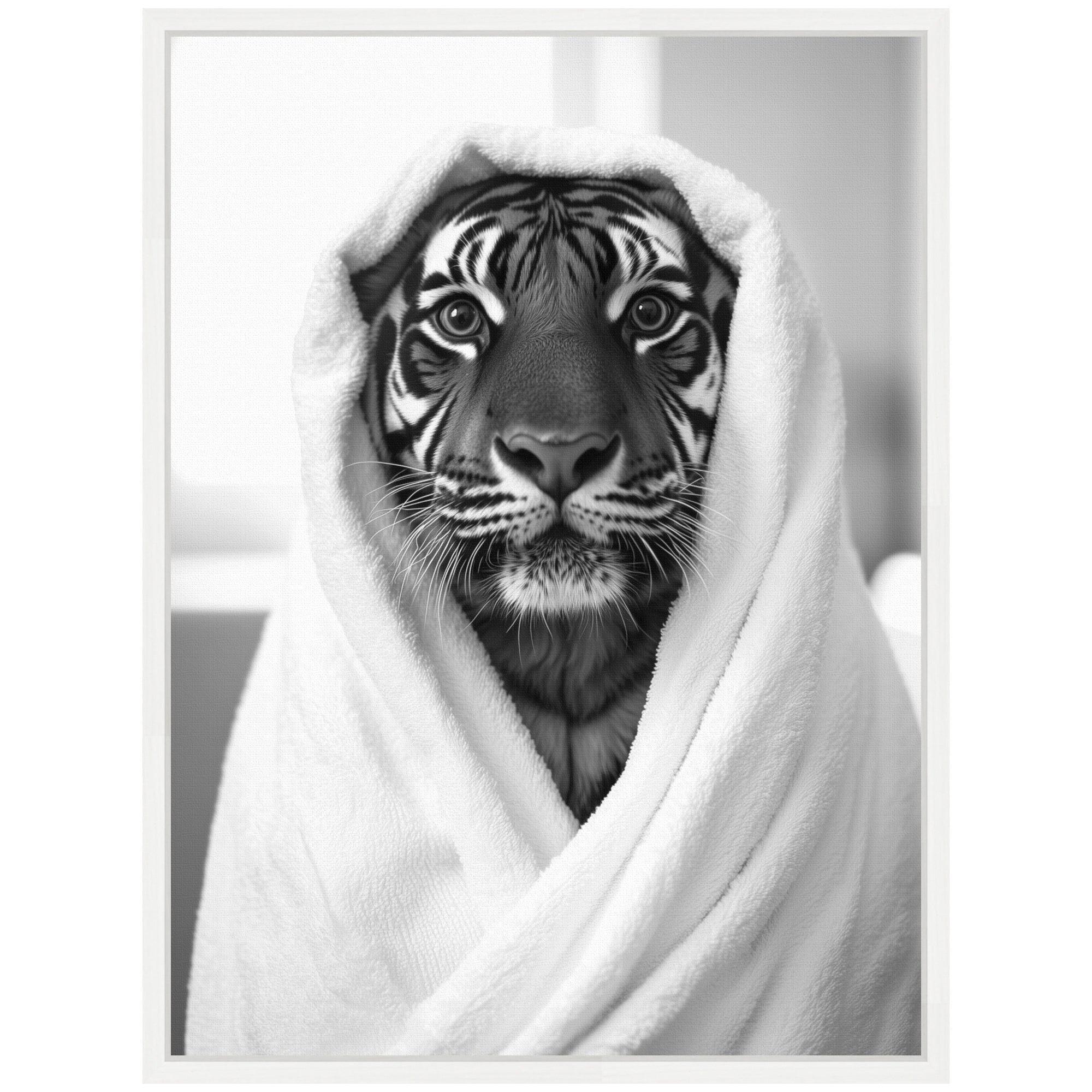 Sylvie Tiger Bathroom Art Towel Robe Black and White Framed Canvas by The Creative Bunch Studio