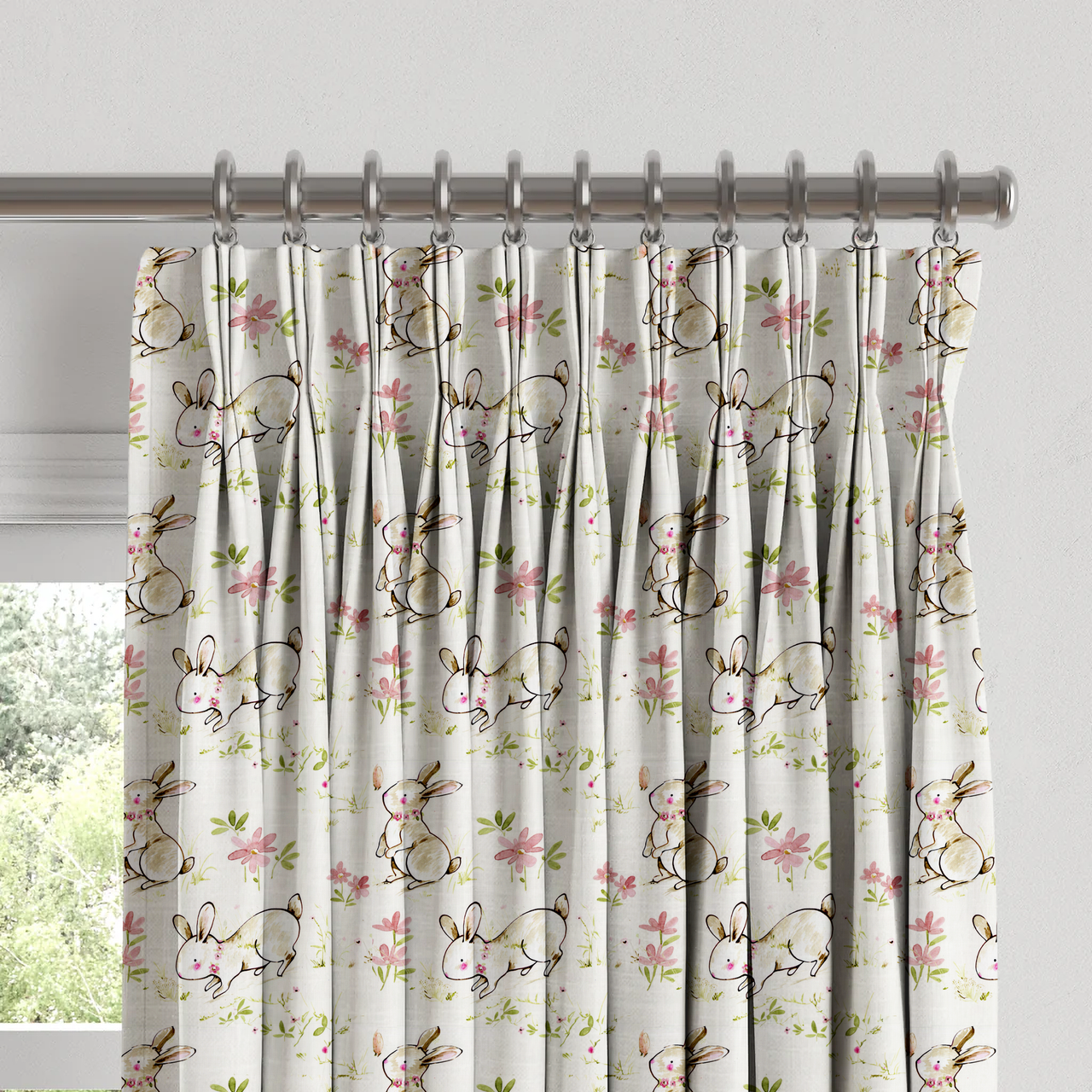 Bunny Print Nursery Linen Curtains | Pinch Pleated | Standard & Made to Measure | Light Filtering or Blackout-1