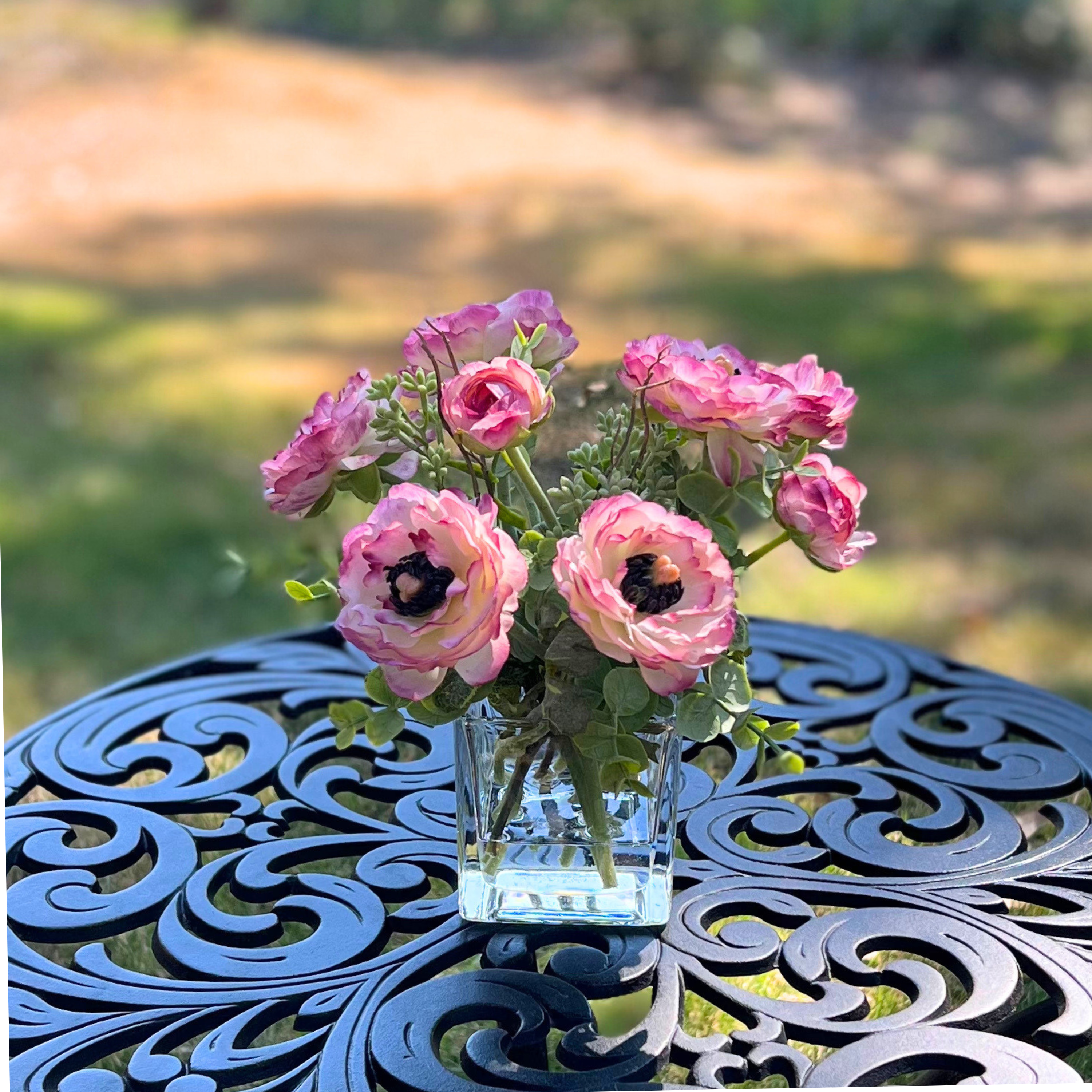 Real Touch Ranunculus Flower Arrangement in Vase - 8"