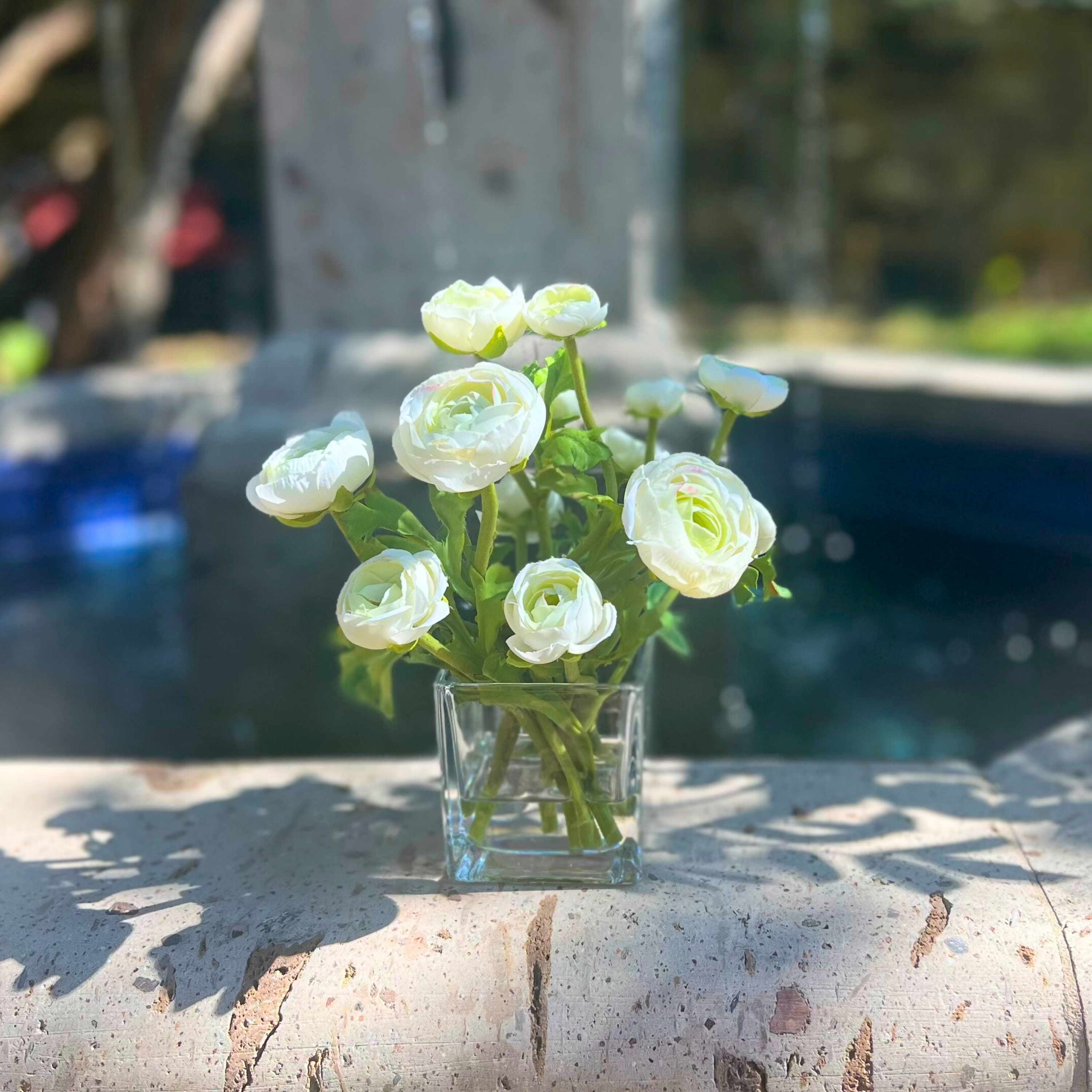 Silk Ranunculus Flowers in Glass Vase - 8"